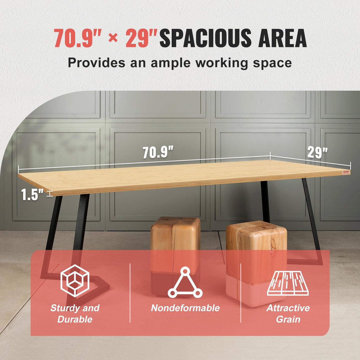 VEVORBambo o Table Top, 180 x 73.7 x 3.8 cm, 150 kg Load Capacity, Universal Solid