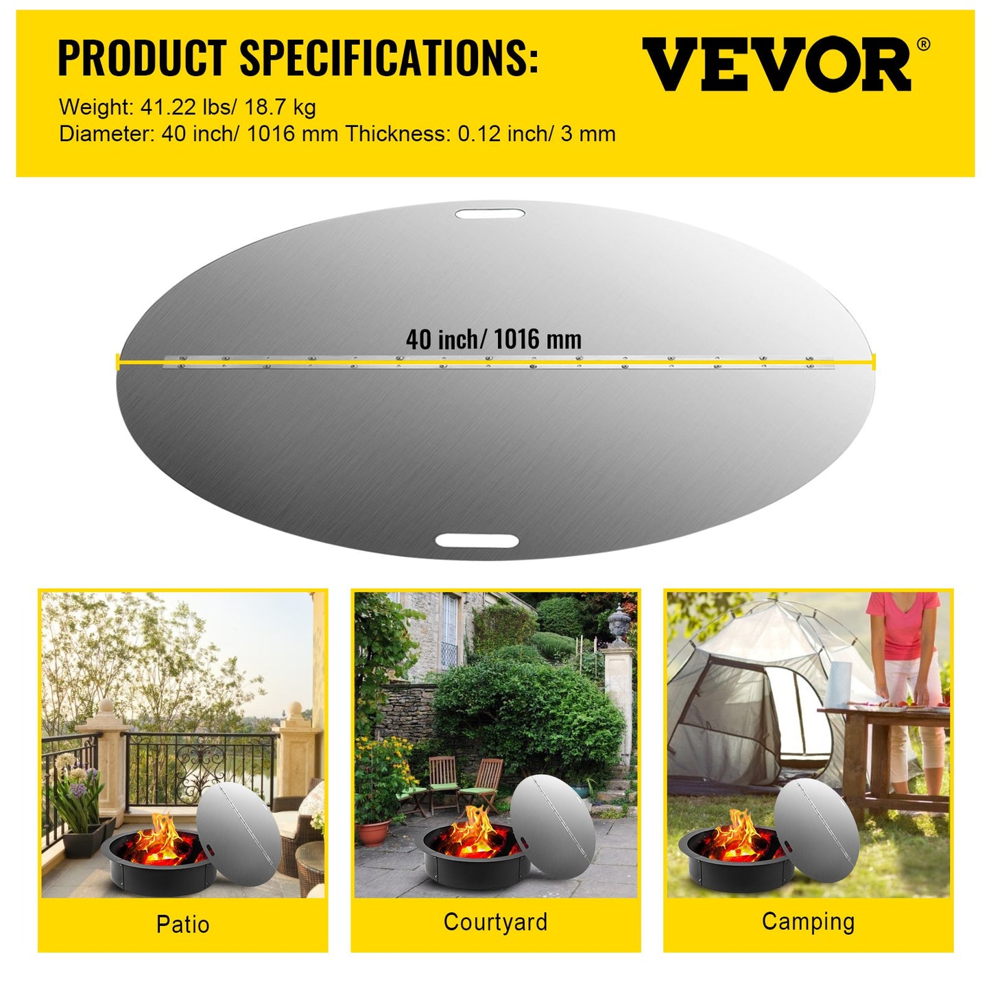 VEVOR Fire Pit Lid Round 40 Inch Foldable Fire Pit Ring Snuff Cover 430 Stainless