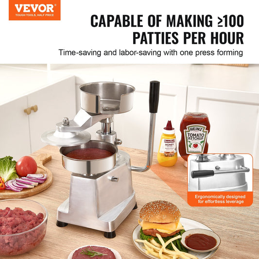 Lever-operated design reduces effort and speeds up hamburger patty forming for restaurants and food businesses