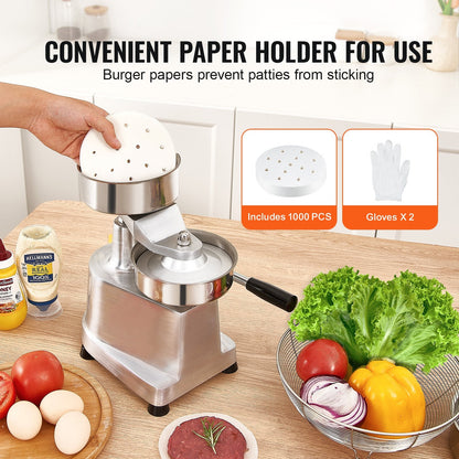 Heavy-Duty Stainless Steel Burger Press, 13cm Patty Maker with Papers