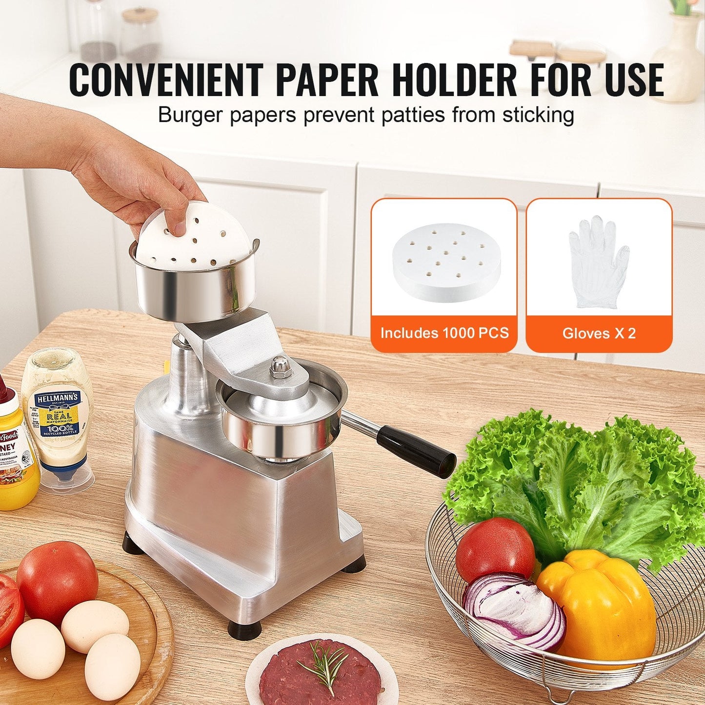 Heavy Duty Commercial Patty Maker, 100mm Burger Press with 1000 Papers