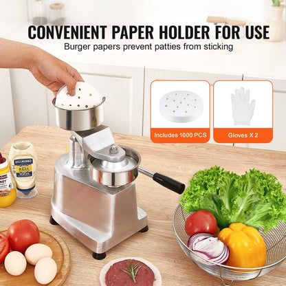 Heavy Duty Commercial Patty Maker, 100mm Burger Press with 1000 Papers