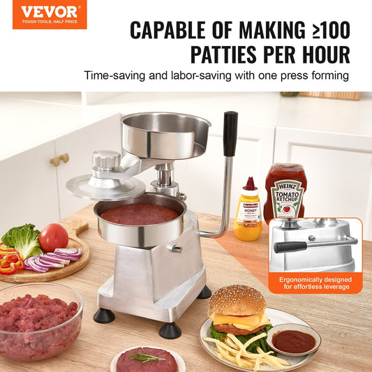 Three interchangeable molds create four, five, or six inch burger patties for flexible menu preparation