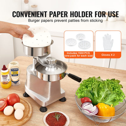 VEVOR Commercial Burger Patty Maker, Hamburger Beef Patty Maker with 3 Convertible
