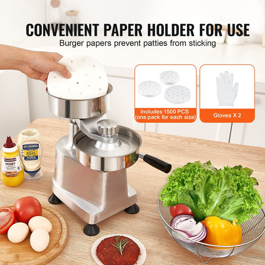 Commercial Burger Press Machine with 3 Mold Sizes, Stainless Steel, 1500 Papers