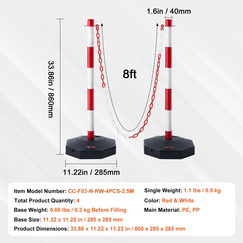 VEVOR 4PCs Traffic Delineator Post Cones with Fillable Base 8FT Chain Adjustable
