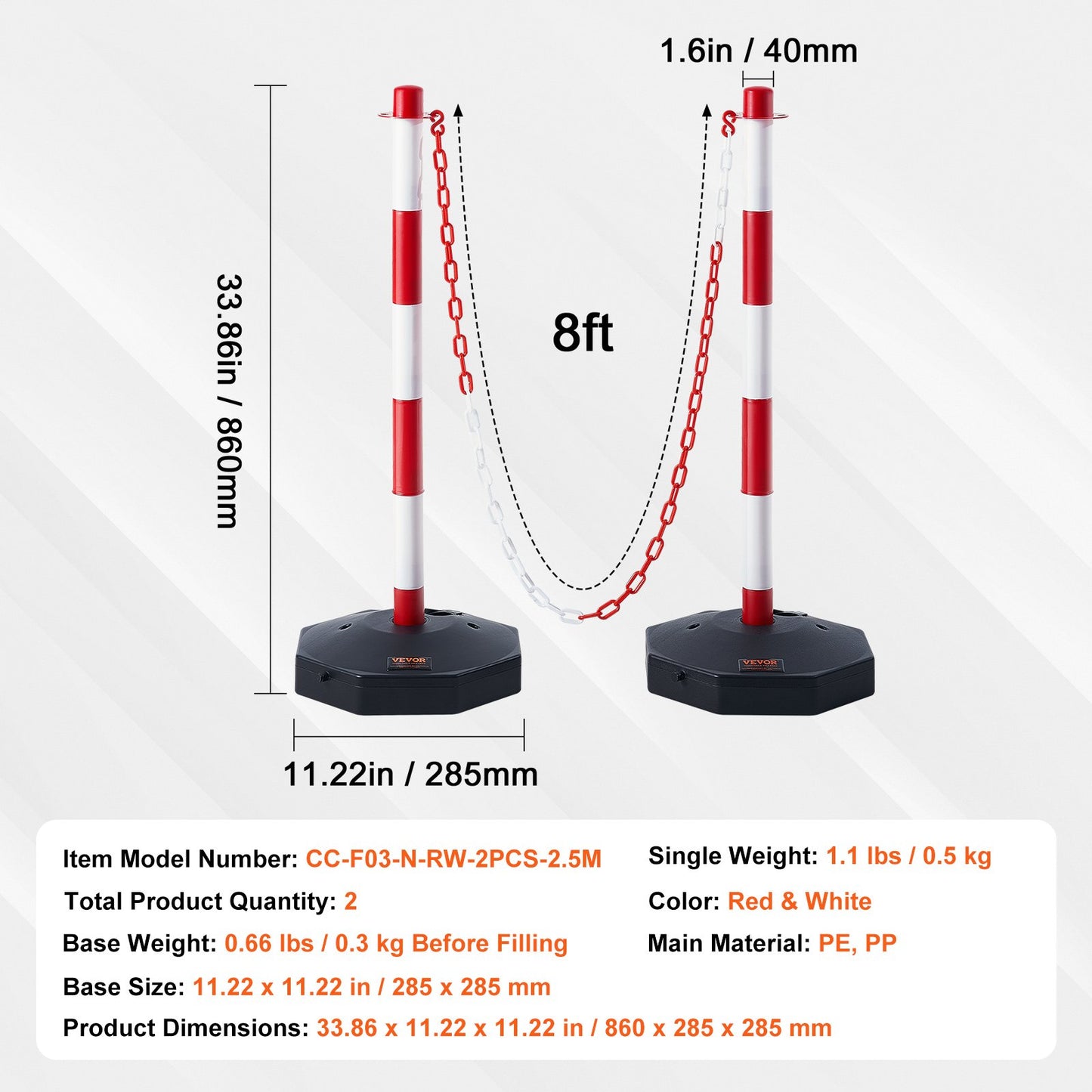 VEVOR 2PCs Traffic Delineator Post Cones with Fillable Base 8FT Chain Adjustable