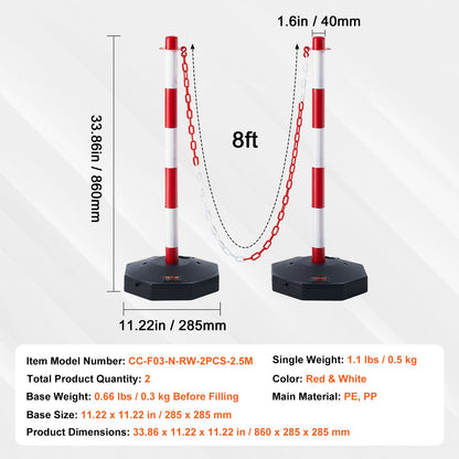 VEVOR 2PCs Traffic Delineator Post Cones with Fillable Base 8FT Chain Adjustable