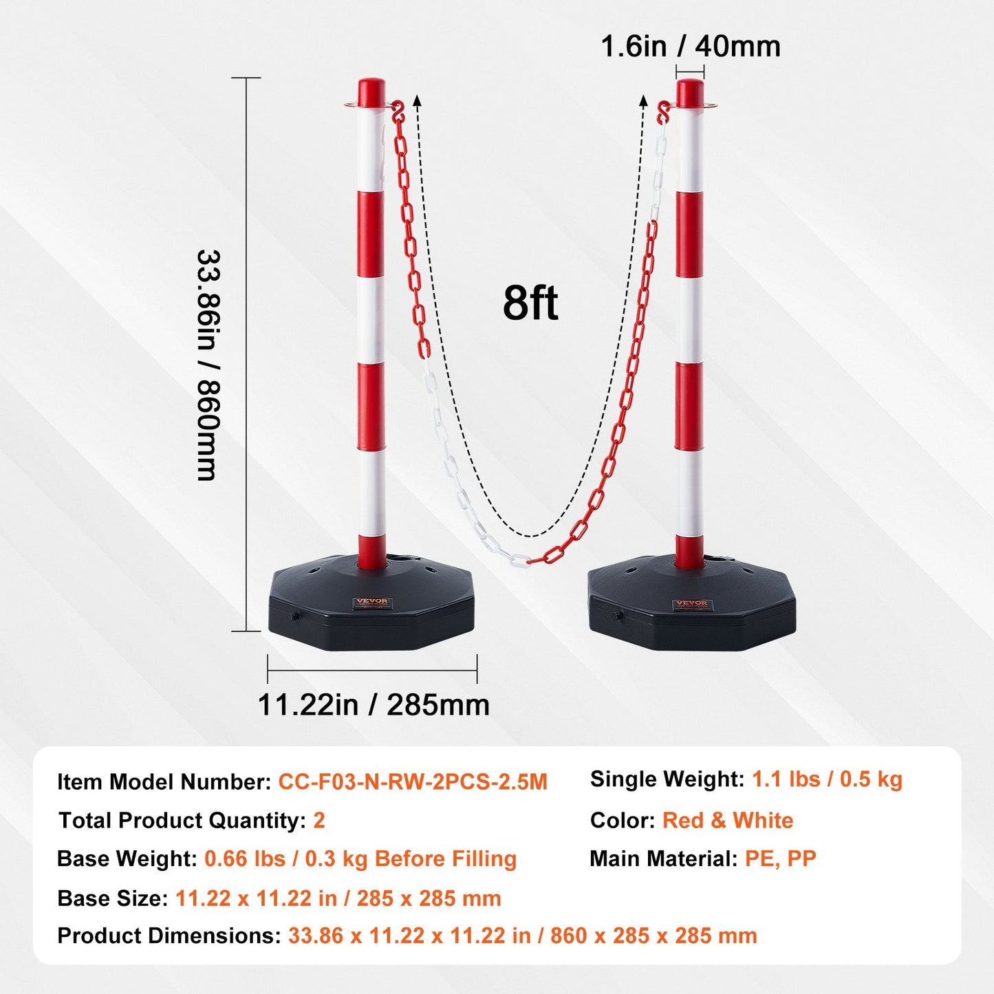 Adjustable Traffic Delineator Posts with Fillable Base and 2.5m Chain (2-Pack)