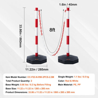 Adjustable Traffic Delineator Posts with Fillable Base and 2.5m Chain (2-Pack)