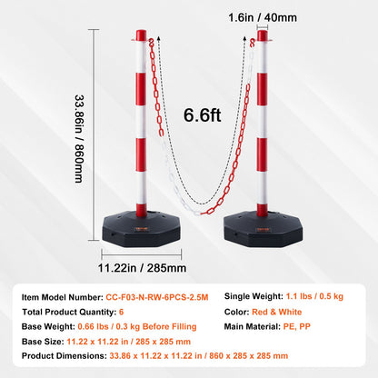 VEVOR 6PCs Traffic Delineator Post Cones with Fillable Base 6.6 FT Chain