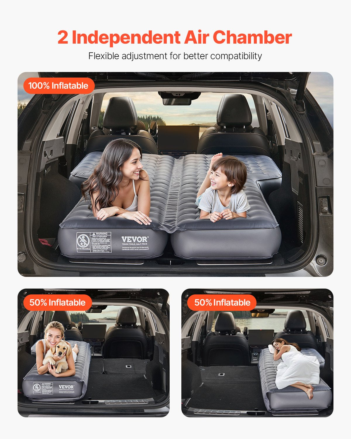 Car Air Mattress, Inflatable Car Camping Mattress, Oxford Thickened Travel Beds, Comfortable and Durable Portable Sleeping Pad with Air Pump, Nozzle, Carry Bag, Fits Most SUV MPV Sedan, Gray