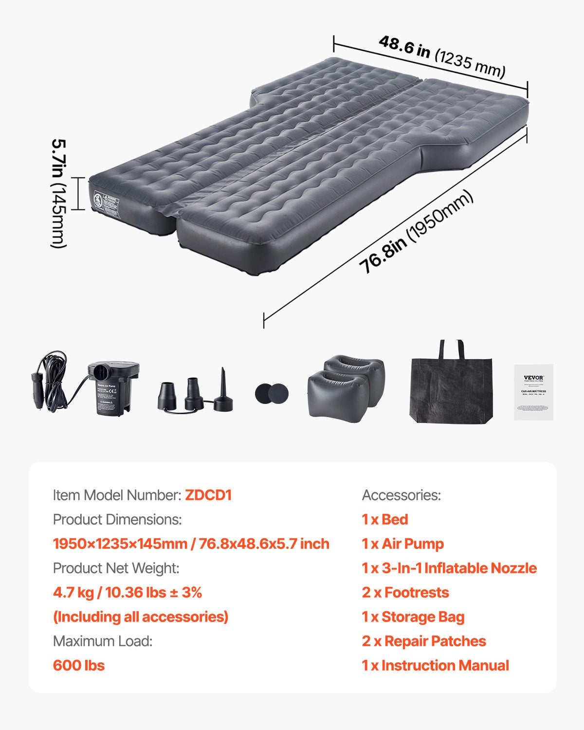 Car Air Mattress, Inflatable Car Camping Mattress, Oxford Thickened Travel Beds, Comfortable and Durable Portable Sleeping Pad with Air Pump, Nozzle, Carry Bag, Fits Most SUV MPV Sedan, Gray