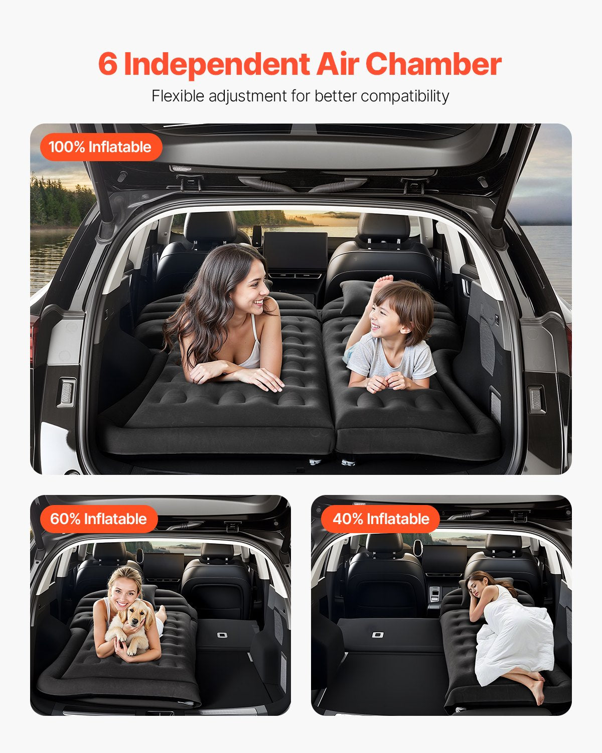 Car Air Mattress, Inflatable Car Camping Mattress, Flocking Thickened Travel Beds, Durable Portable Sleeping Pad with Air Pump, 2 Pillows, Nozzle, Carry Bag, Fits Most SUV MPV Sedan, Black