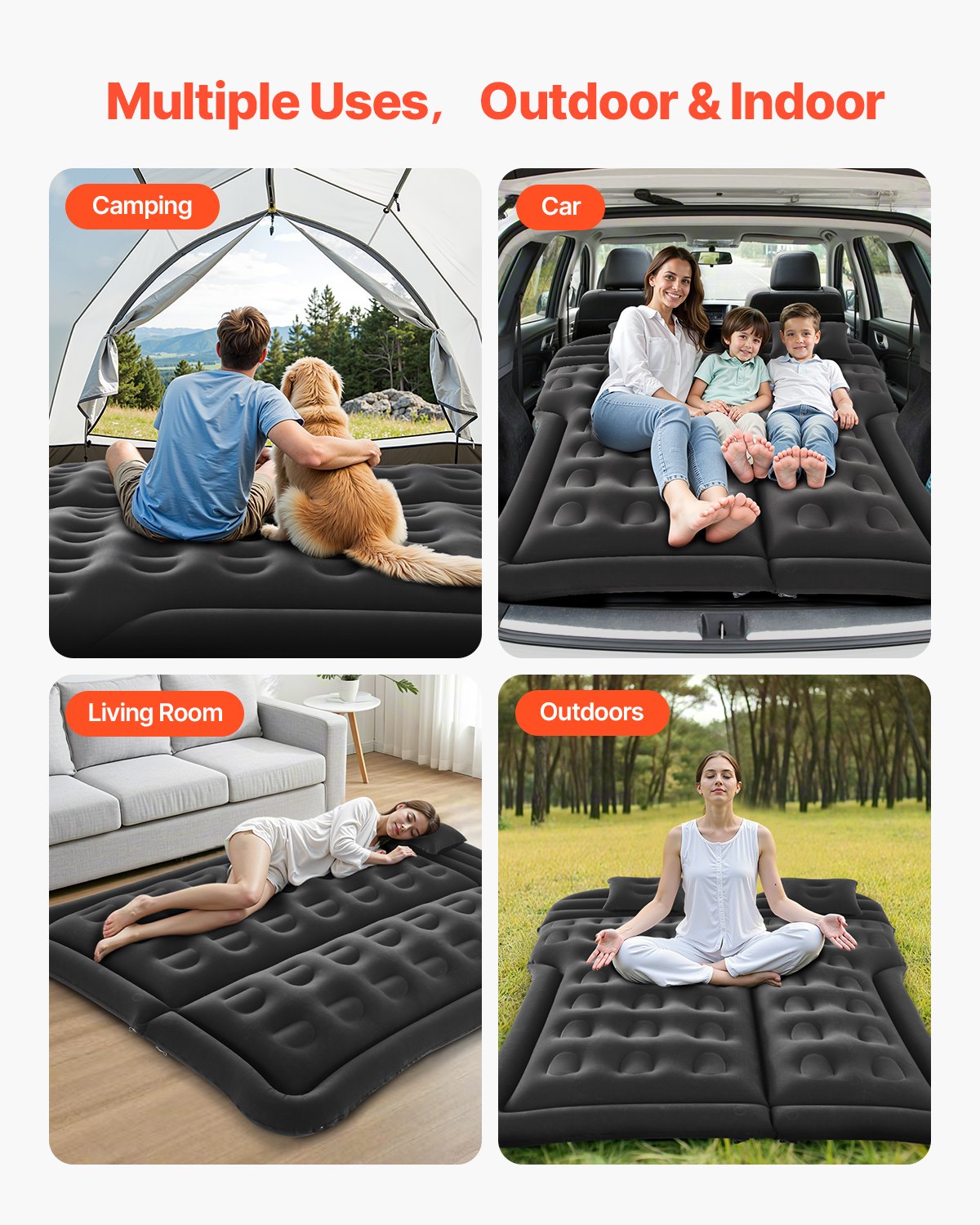 Car Air Mattress, Inflatable Car Camping Mattress, Flocking Thickened Travel Beds, Durable Portable Sleeping Pad with Air Pump, 2 Pillows, Nozzle, Carry Bag, Fits Most SUV MPV Sedan, Black