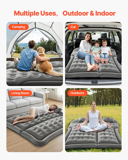 Car Air Mattress, Inflatable Car Camping Mattress, Flocking Thickened Travel Beds, Comfortable and Durable Portable Sleeping Pad with Air Pump, Nozzle, Carry Bag, Fits Most SUV MPV Sedan, Gray