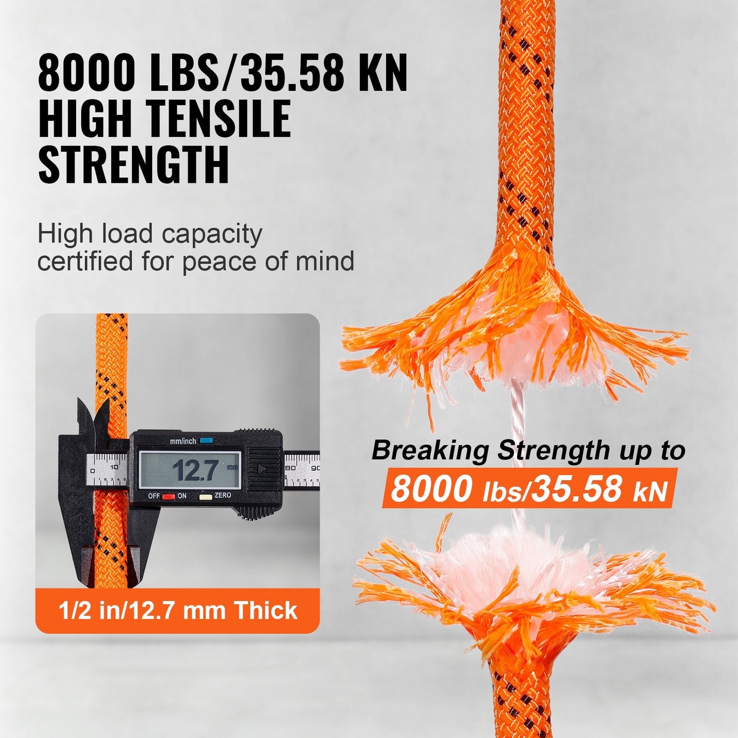 Heavy-Duty 12.7mm x 67m Polyester Rope, 48-Strand, 35.58kN Strength, Orange/Black