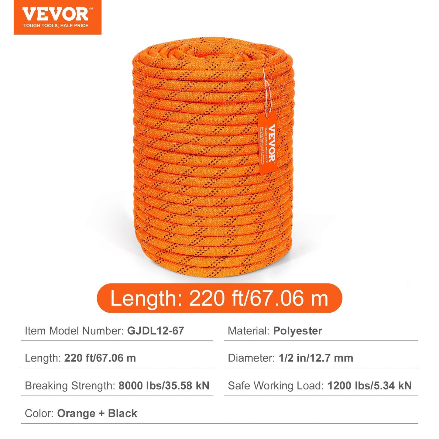 Heavy-Duty 12.7mm x 67m Polyester Rope, 48-Strand, 35.58kN Strength, Orange/Black