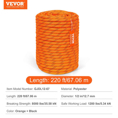 Heavy-Duty 12.7mm x 67m Polyester Rope, 48-Strand, 35.58kN Strength, Orange/Black