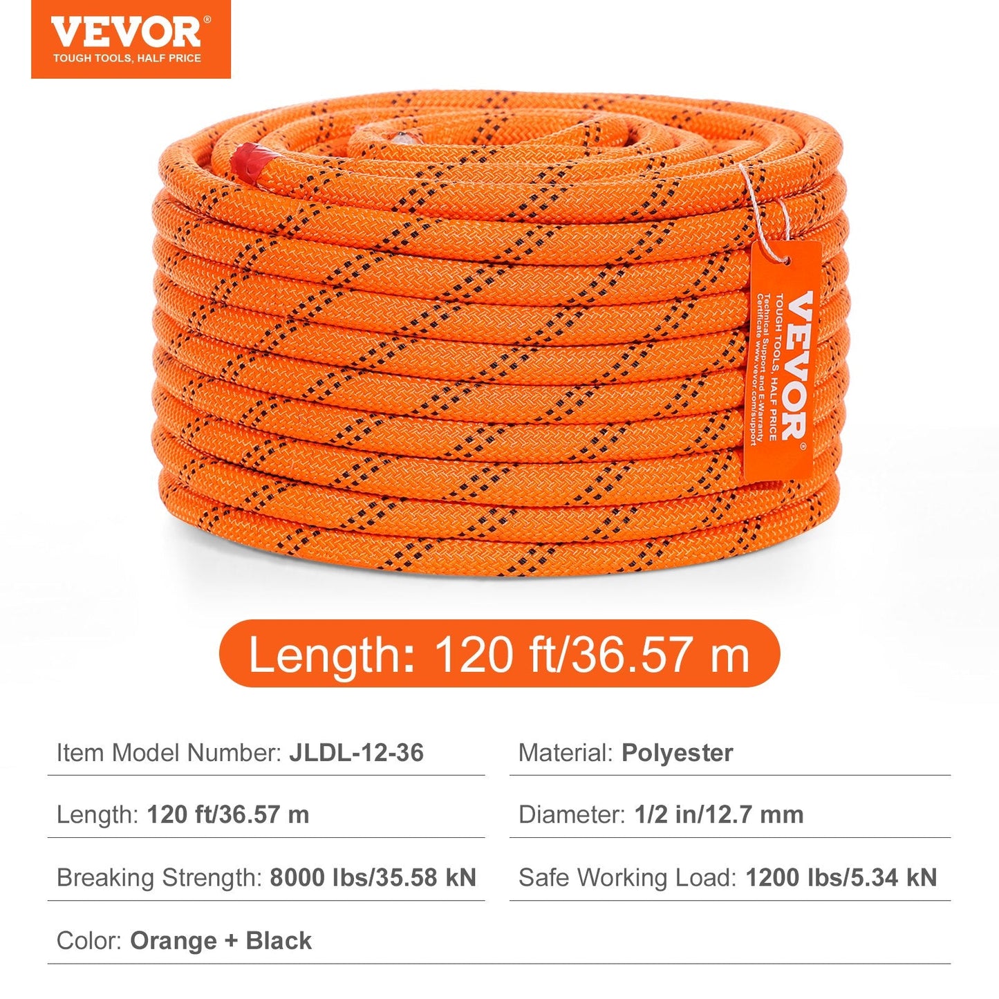 Durable 12.7 mm x 36.57 m Polyester Rope, 48 Strands, 35.58kN Break Strength