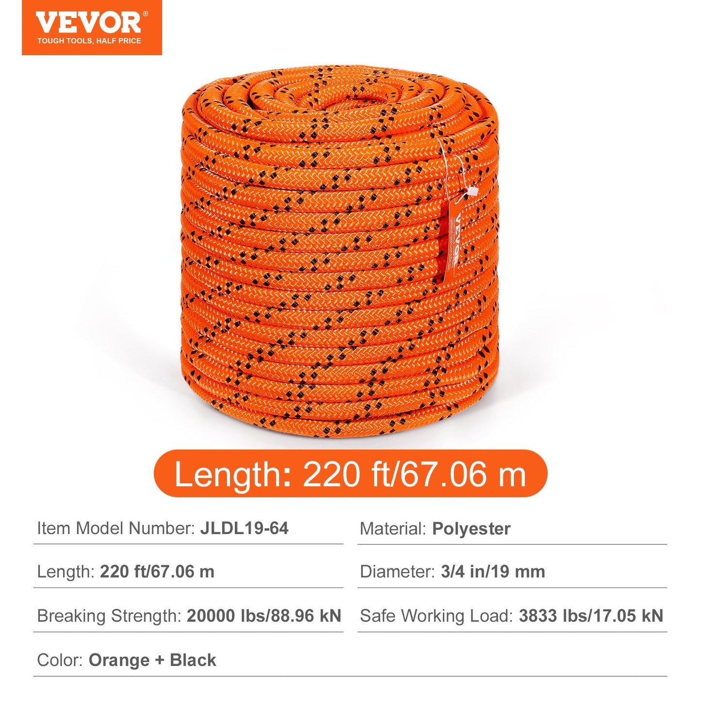 Durable 19 mm x 67 m Polyester Rope - 88.96kN Strength for Climbing & Rescue