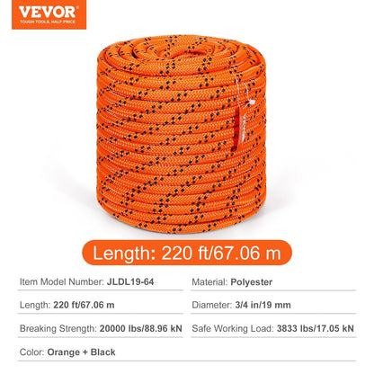 Durable 19 mm x 67 m Polyester Rope - 88.96kN Strength for Climbing & Rescue