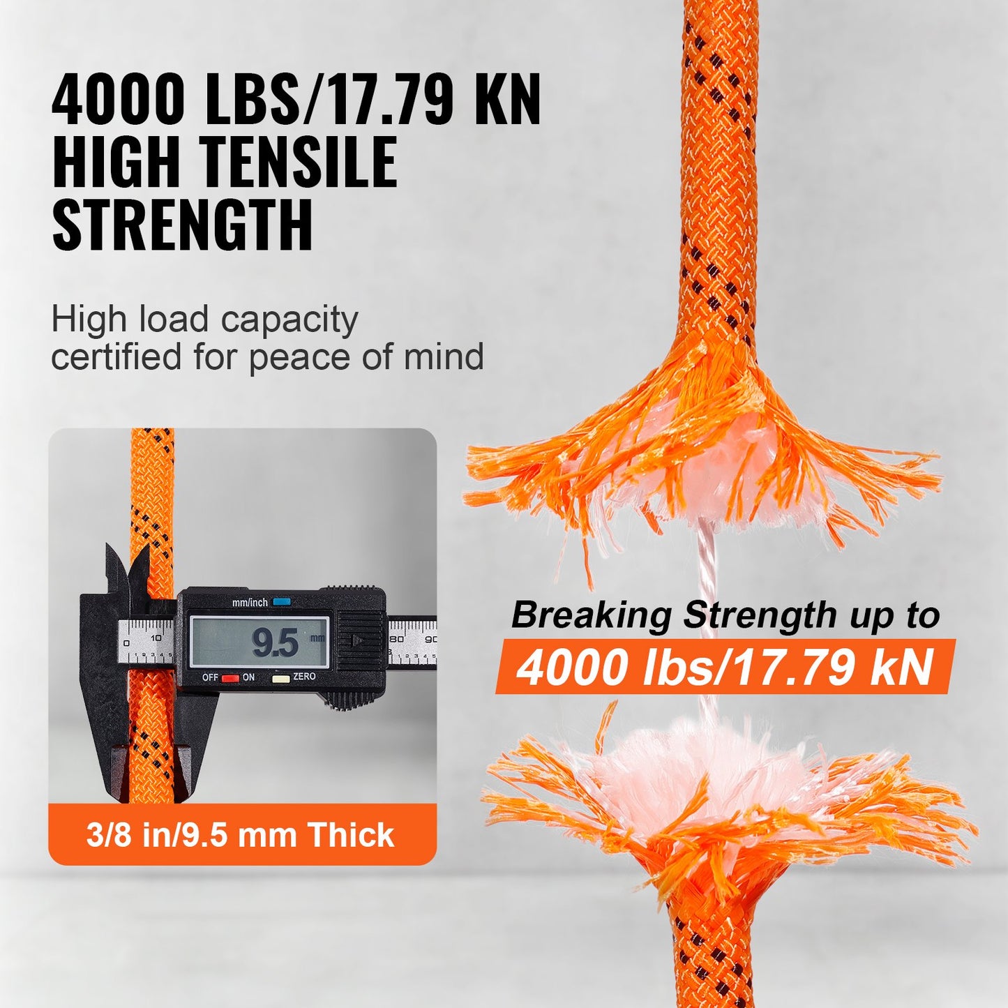 VEVOR Double Braided Polyester Rope, 9.5 mm x 36.57 m, 48 Strands, 17.79kN Breaking