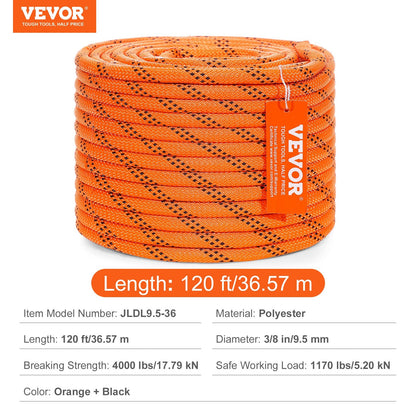 Heavy-Duty Polyester Rope 9.5 mm x 36.57 m, 17.79 kN, for Climbing & Rigging