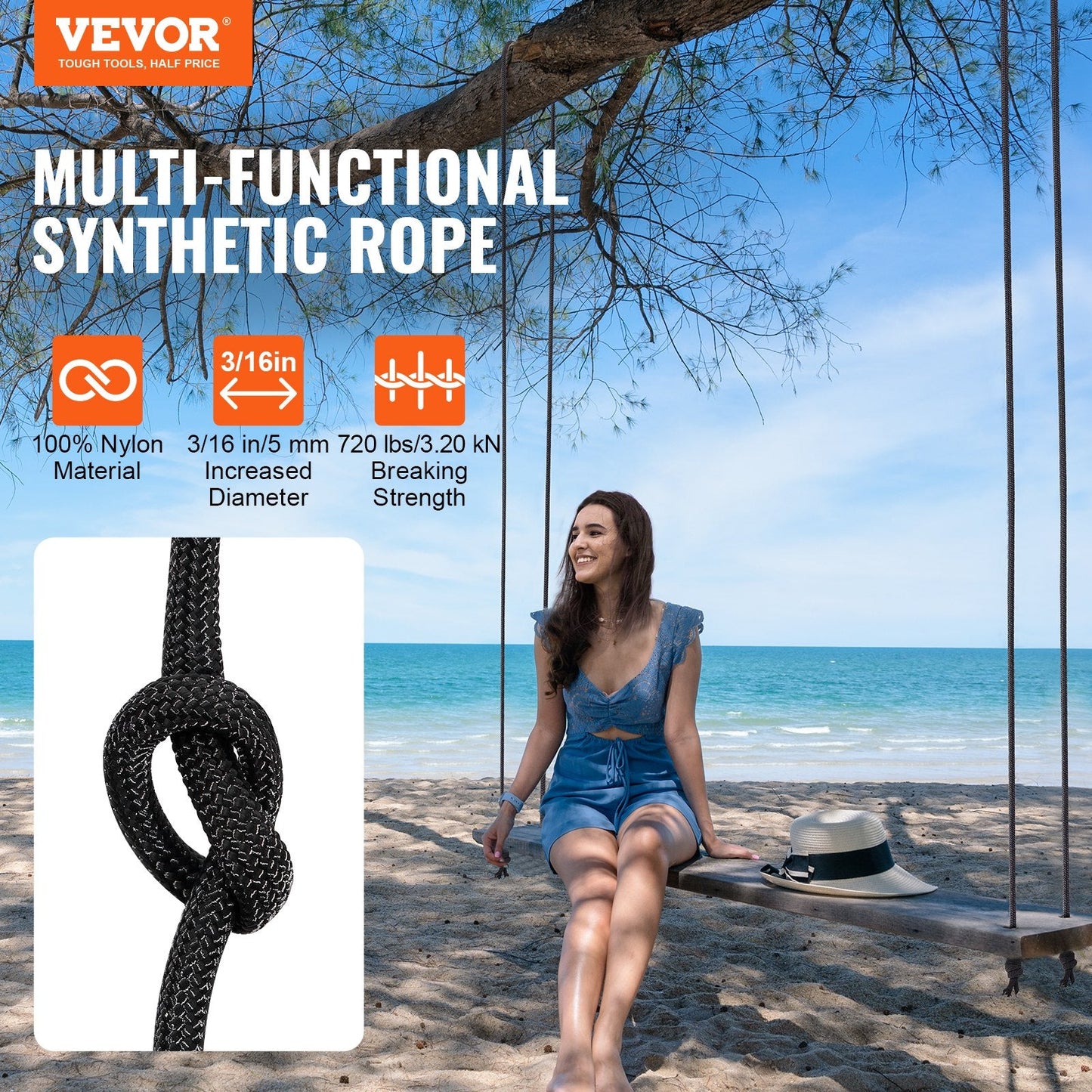 Arborist Climbing Rope, Braided Nylon, 5 mm x 76.2 m, 32-Strand, Black