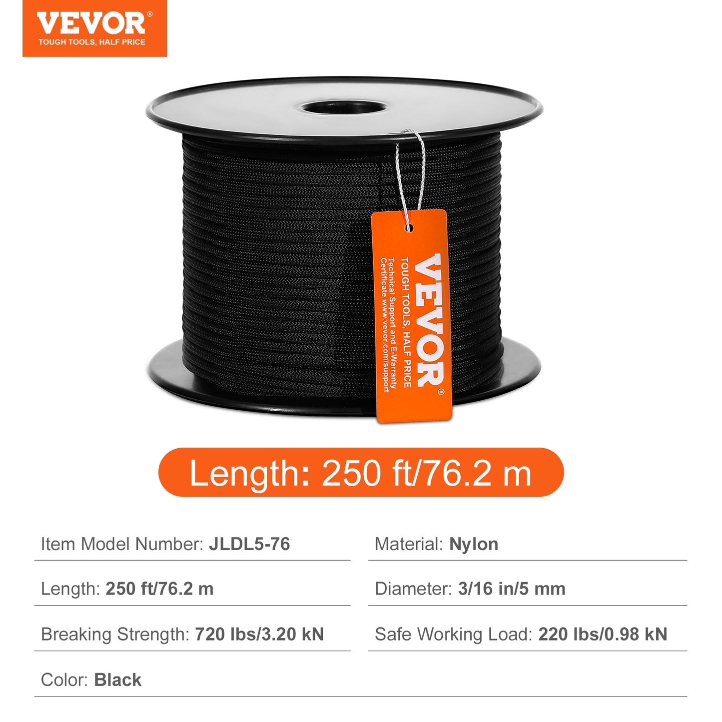 VEVOR Arborist Tree Climbing Rope Braided Nylon Rope 5 mm x 76.2 m 32-Strand
