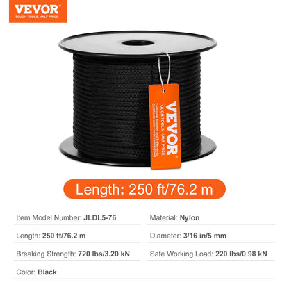 VEVOR Arborist Tree Climbing Rope Braided Nylon Rope 5 mm x 76.2 m 32-Strand
