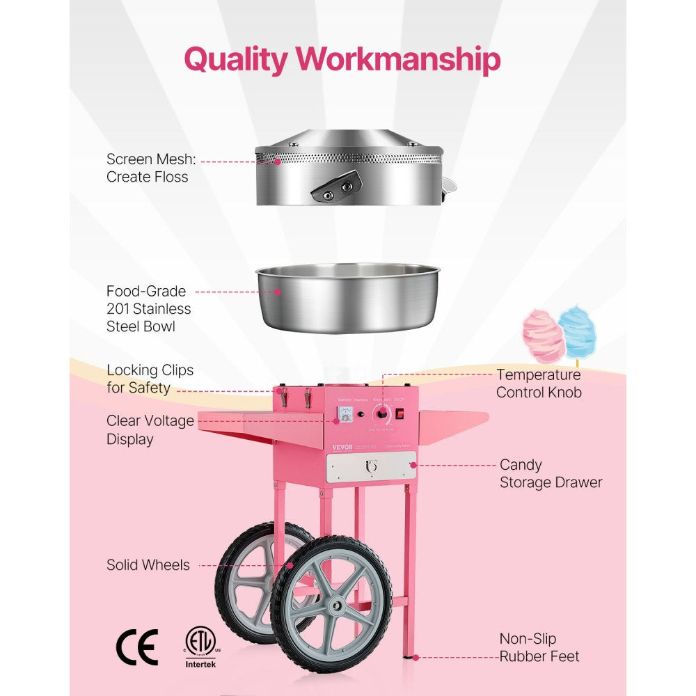 VEVOR Commercial Cotton Candy Machine with Cart Sugar Floss Maker 1000W Party