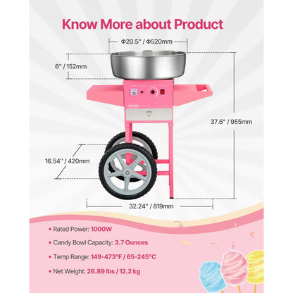 VEVOR Commercial Cotton Candy Machine with Cart Sugar Floss Maker 1000W Party