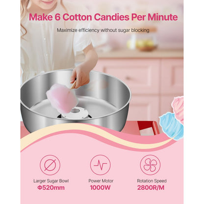 VEVOR Commercial Cotton Candy Machine with Cart Sugar Floss Maker 1000W Red