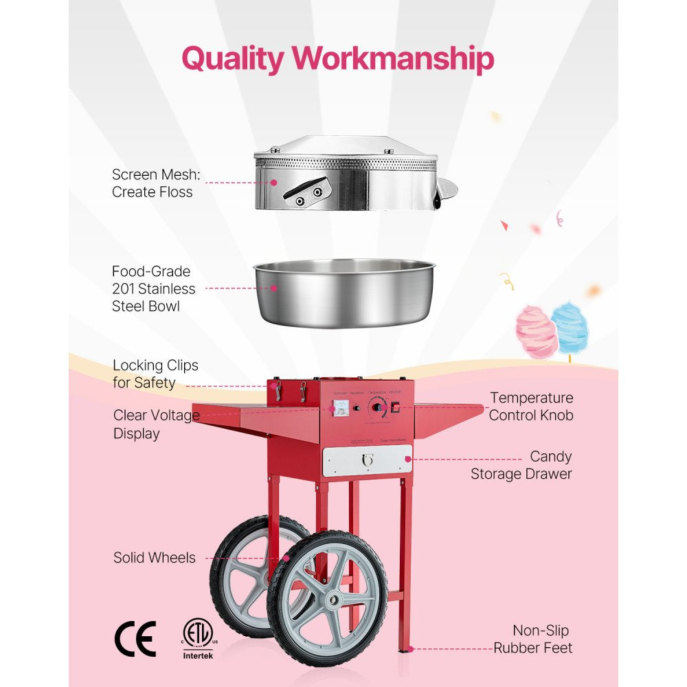 VEVOR Commercial Cotton Candy Machine with Cart Sugar Floss Maker 1000W Red