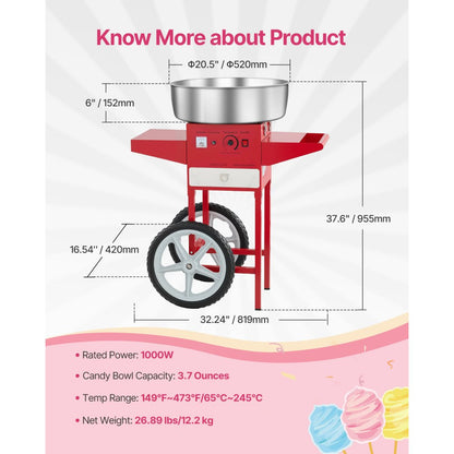 VEVOR Commercial Cotton Candy Machine with Cart Sugar Floss Maker 1000W Red