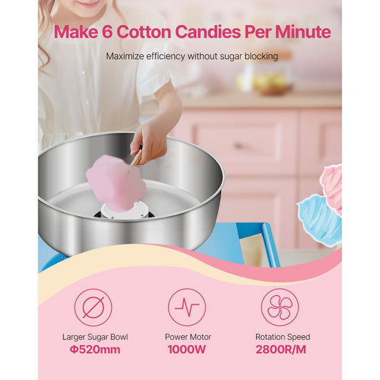 VEVOR Commercial Cotton Candy Machine with Cart Sugar Floss Maker 1000W Blue
