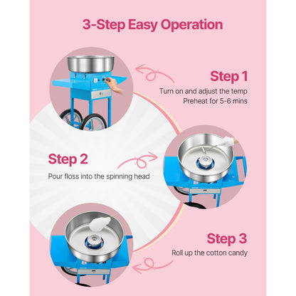 VEVOR Commercial Cotton Candy Machine with Cart Sugar Floss Maker 1000W Blue