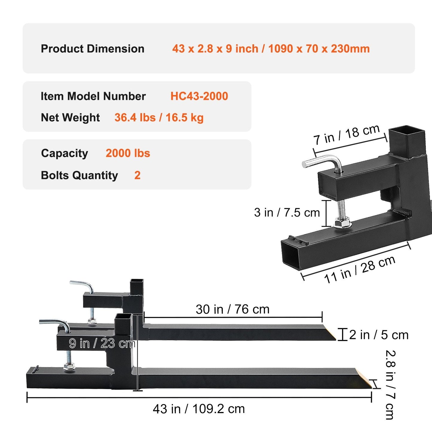 Heavy Duty 907kg Capacity Clamp-On Pallet Forks for Tractors, 1.09m Length