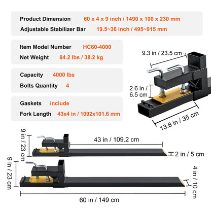 Heavy Duty 1.5m Tractor Pallet Forks, 1814kg Capacity, Clamp-On Design