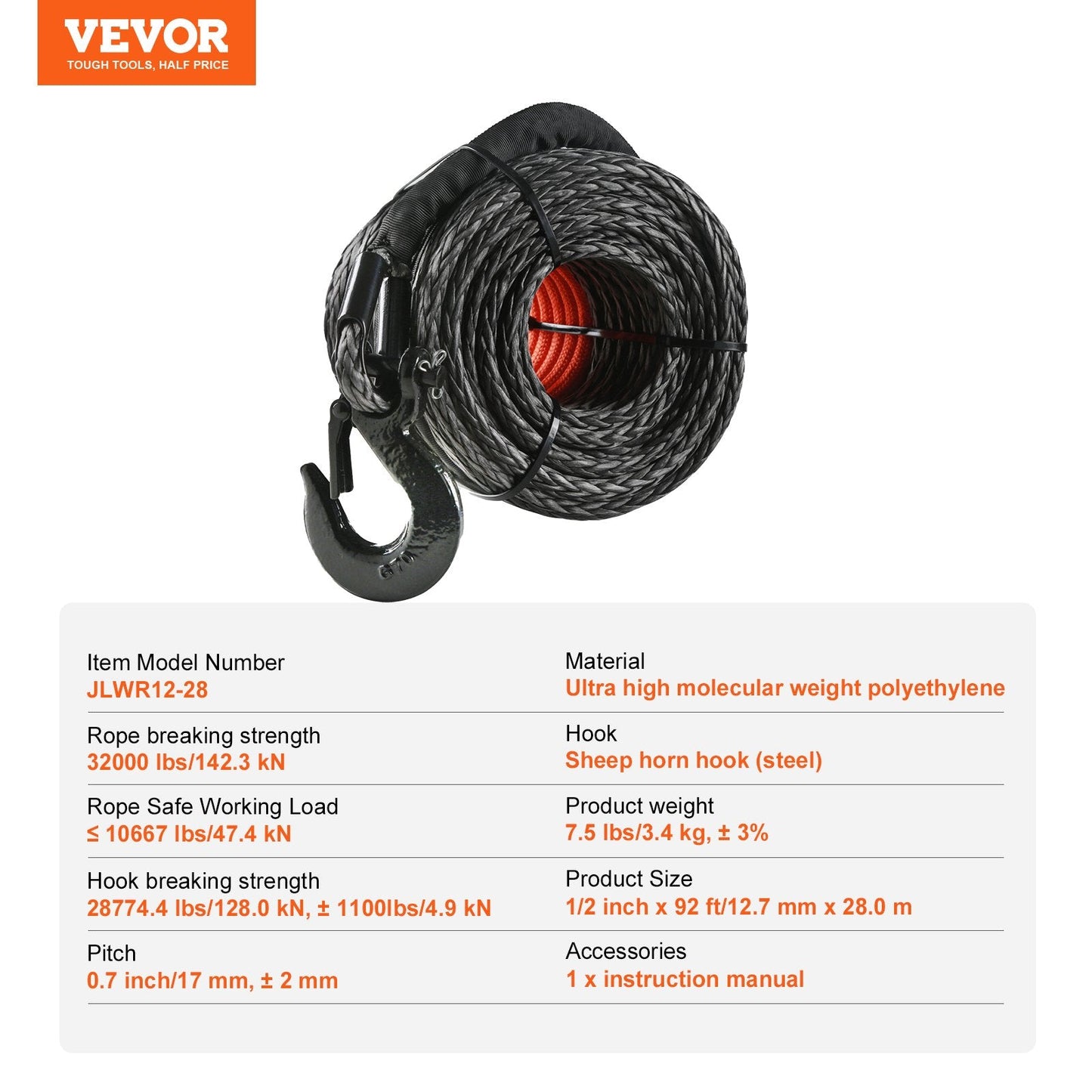 12.7mm x 28m Synthetic Winch Rope with Hook & Sleeve for Off-Road Vehicles