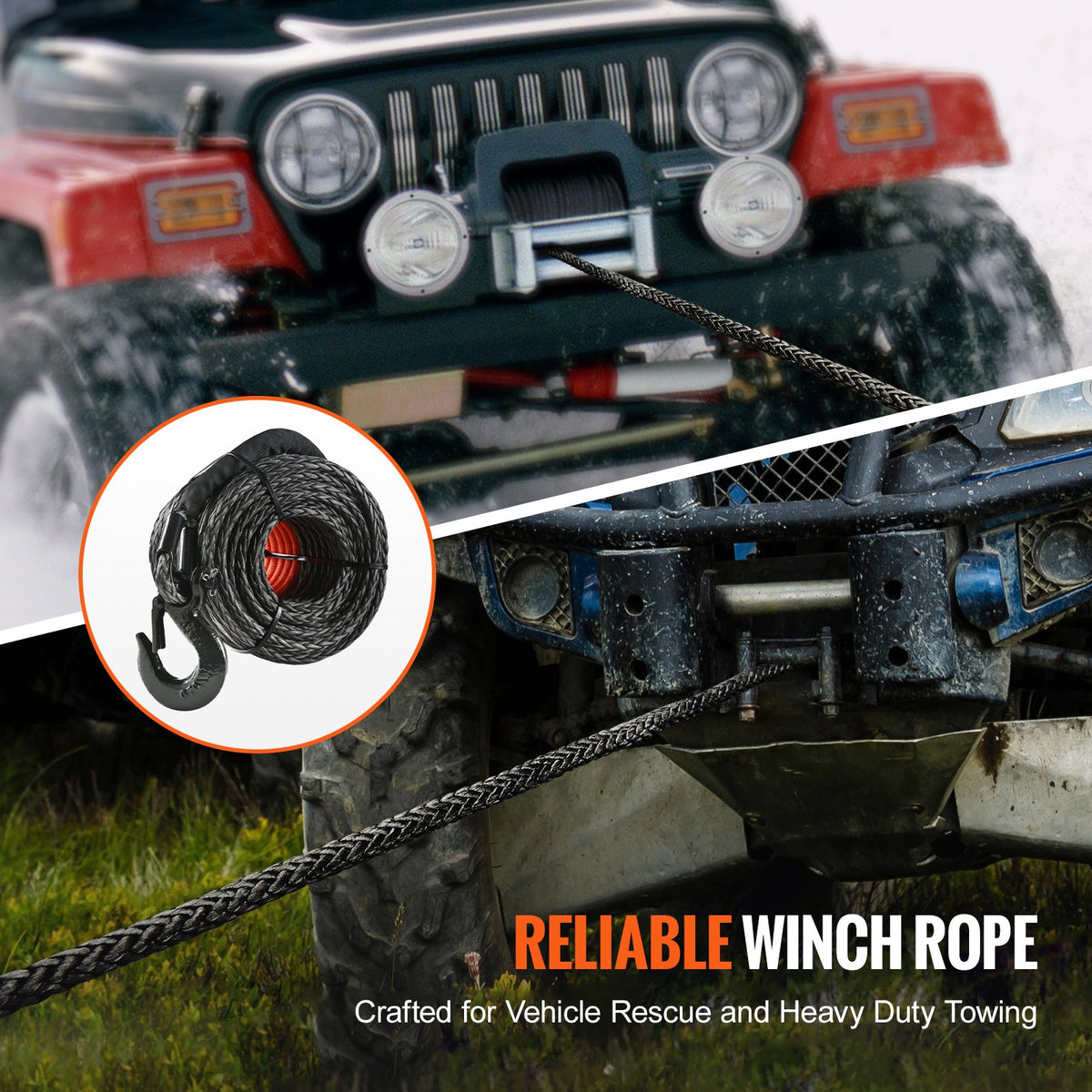 VEVOR Synthetic Winch Rope, 9.5 mm x 25.9 m, 117.9 kN, Synthetic Winch Line Cable