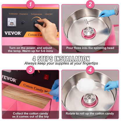 Commercial Cotton Candy Maker with Cart, 1000W, High Yield, Pink, 15 kg