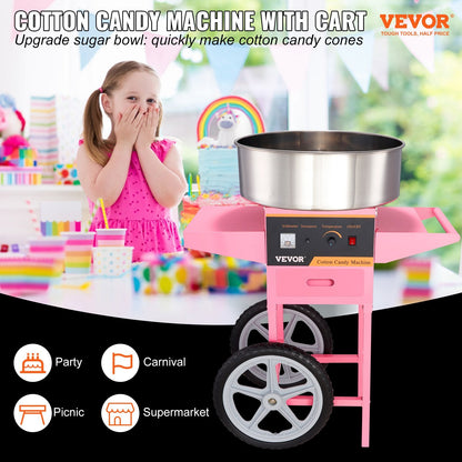 Commercial Cotton Candy Maker with Cart, 1000W, High Yield, Pink, 15 kg