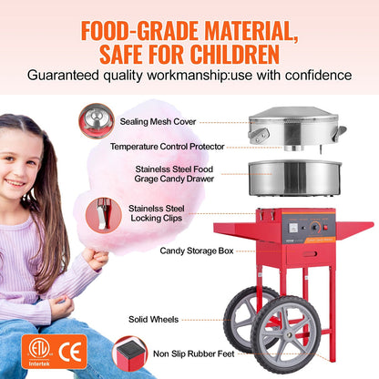 Electric Cotton Candy Maker with Cart, 1000W, Stainless Steel, Red, 15 kg