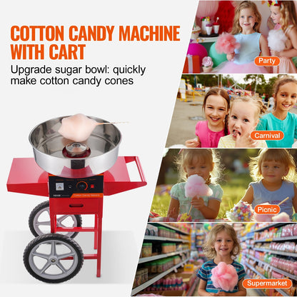 Electric Cotton Candy Maker with Cart, 1000W, Stainless Steel, Red, 15 kg