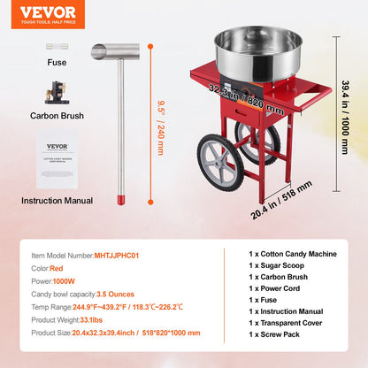 VEVOR Electric Cotton Candy Machine with Cart, 1000W Commercial Candy Floss Maker