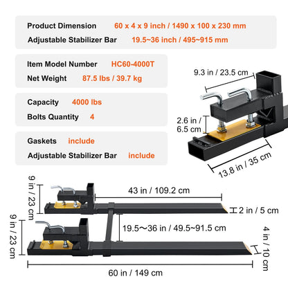 Heavy-Duty Tractor Pallet Forks, 1814 kg Capacity, 1.5 Meter Length, Adjustable Bar