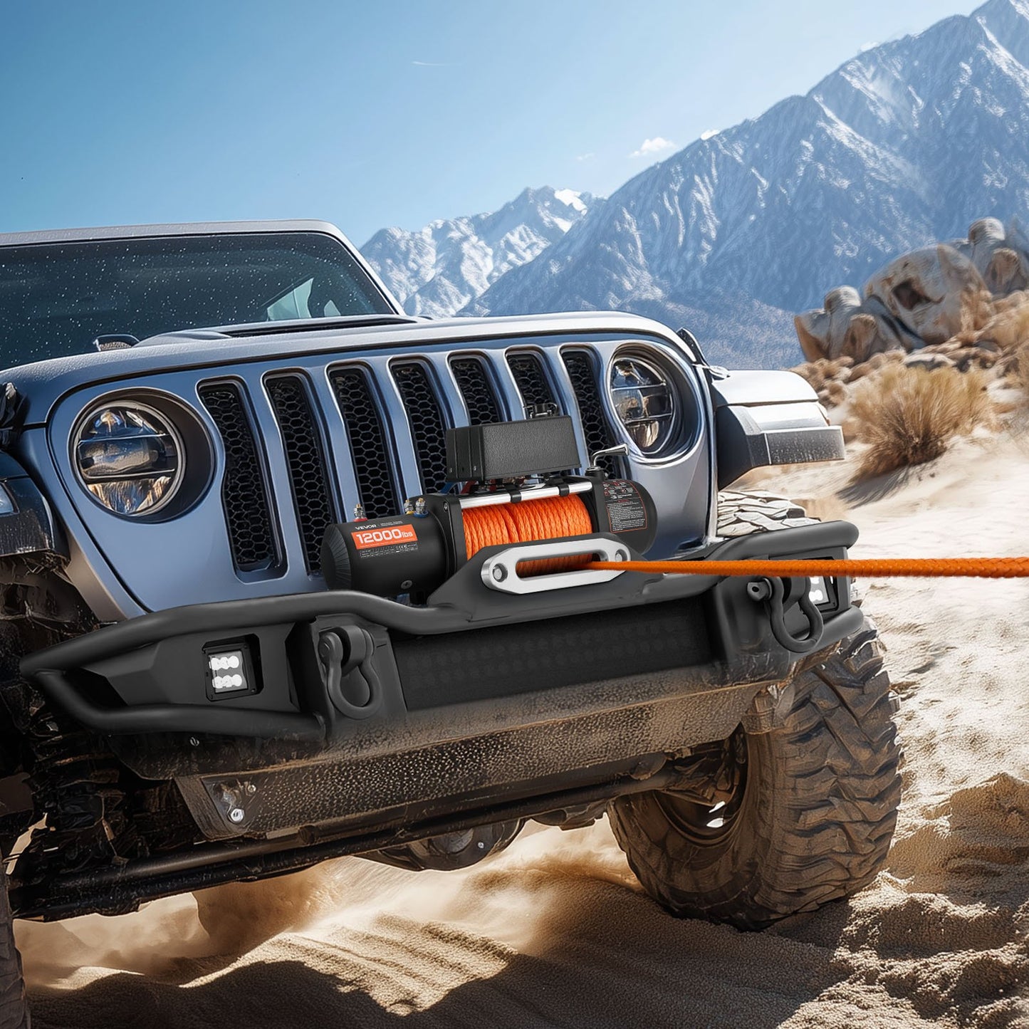 Electric Winch, 5400 kg Load Capacity, 12V DC Truck Winch with Φ9.1 mm x 23 m Synthetic Rope, Wireless & Wired Remote Control, IP55 Waterproof for Towing Off-Road SUV Jeep Trailer Boat