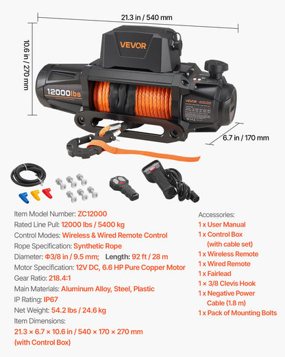 Electric Winch, 5400 kg Load Capacity, 12V DC Truck Winch with Φ9.5 mm x 28 m Synthetic Rope, Wireless & Wired Remote Control, IP67 Waterproof for Towing Off-Road SUV Jeep Trailer Boat